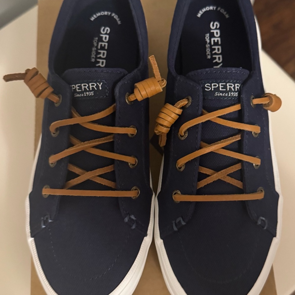 Sperry Women’s Dark Blue Boat Shoes with Brown Laces